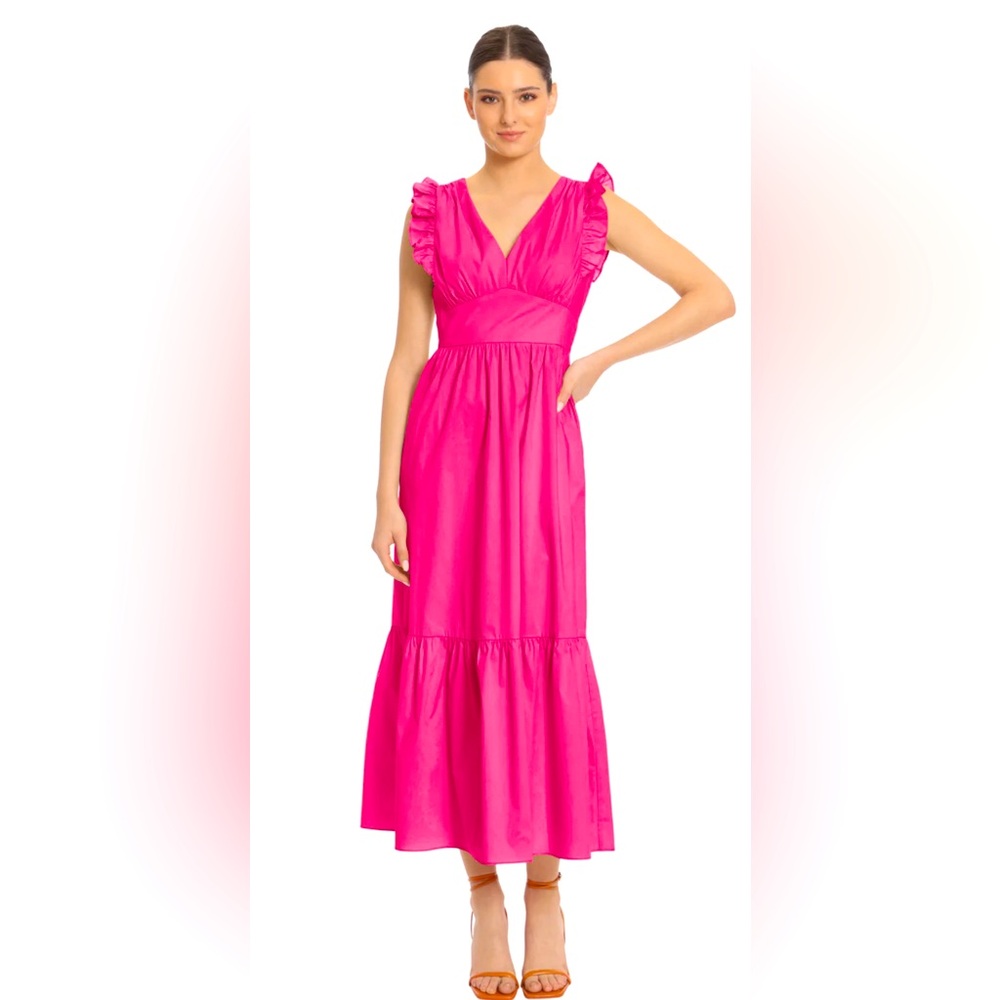 Maggy London Pink Tiered Ruffle Lily Rose Maxi Dress in Fuschia size 8 NWT